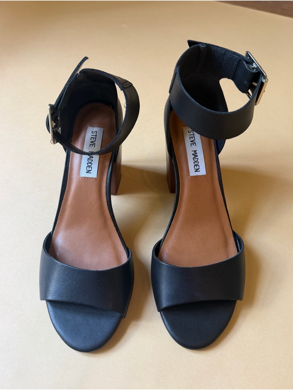 Steve Madden Black Leather Ankle Strap Block Heel Sandals Size 6